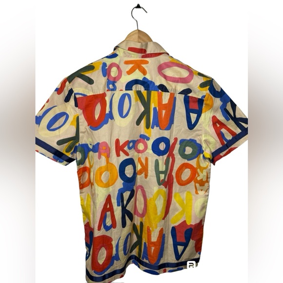 Akoo Effortless Woven Button Down Shirt macadamia print colorful short sleeve - Picture 3 of 11